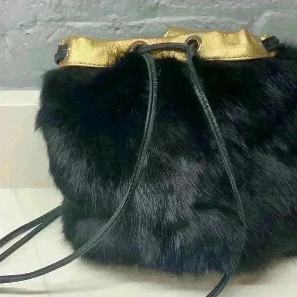 Foley & Corinna Faux Fur Black Handbag Purse Gold trim Special Occasion Fun - Picture 15 of 15